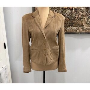 Vintage Sakowitz‎ Jacket Womens 6 Tan Suede Leather Blazer Ruffle Trim 80s